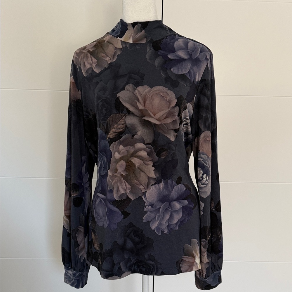 Johnny Was Janie Favorite Grey Peony Puff Sleeve Mock Neck Top Size M Floral
